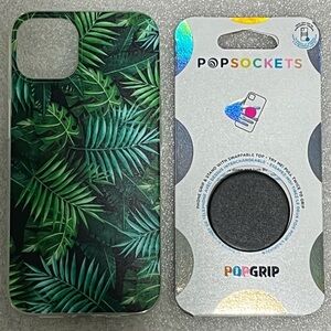 iPhone 13 PopSocket and Jungle Green tropical leaf Phone Case and Grip Set, New